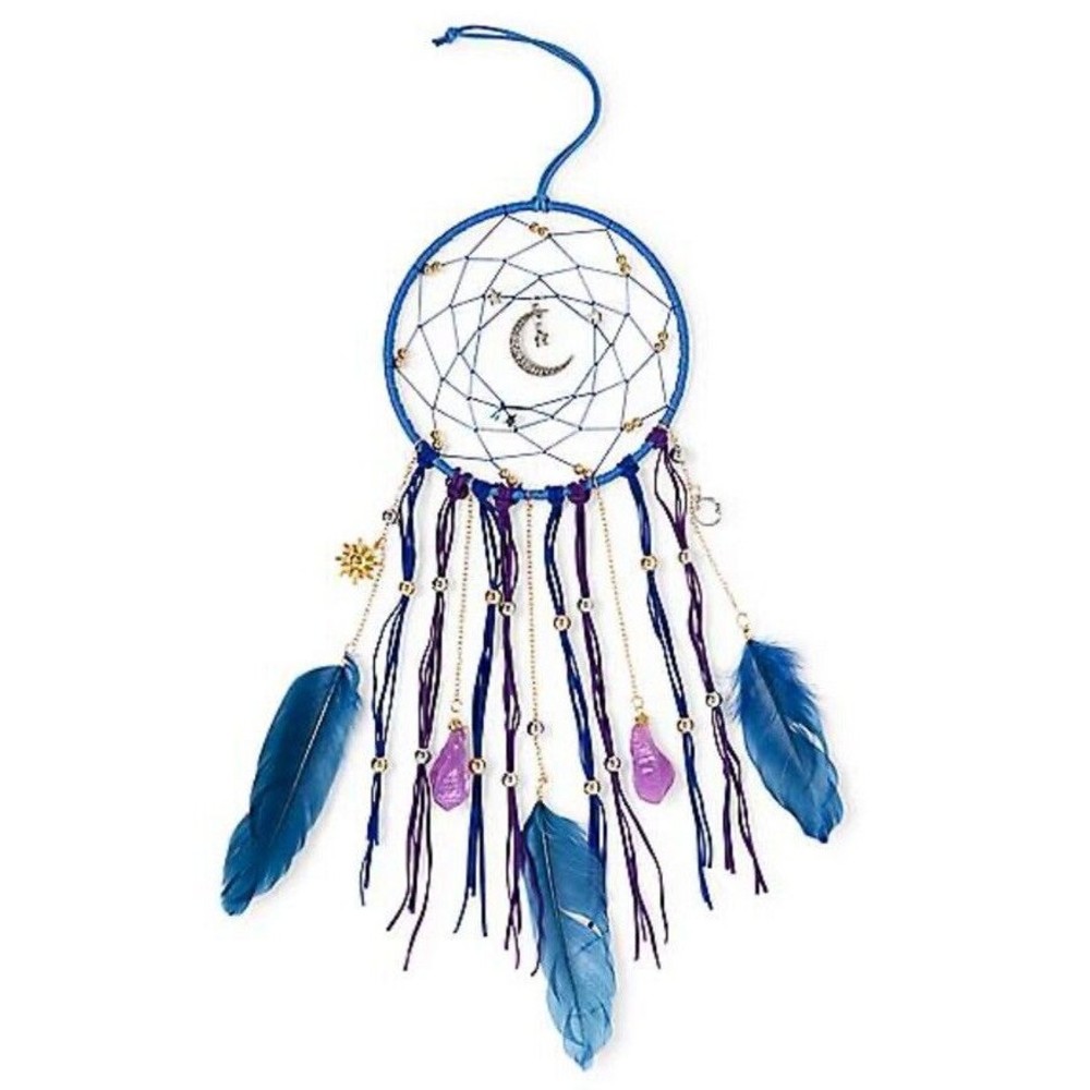 Celestial Blue Dream Catcher Sun Moon Stars Feathers Wall Hanging Art Decoration